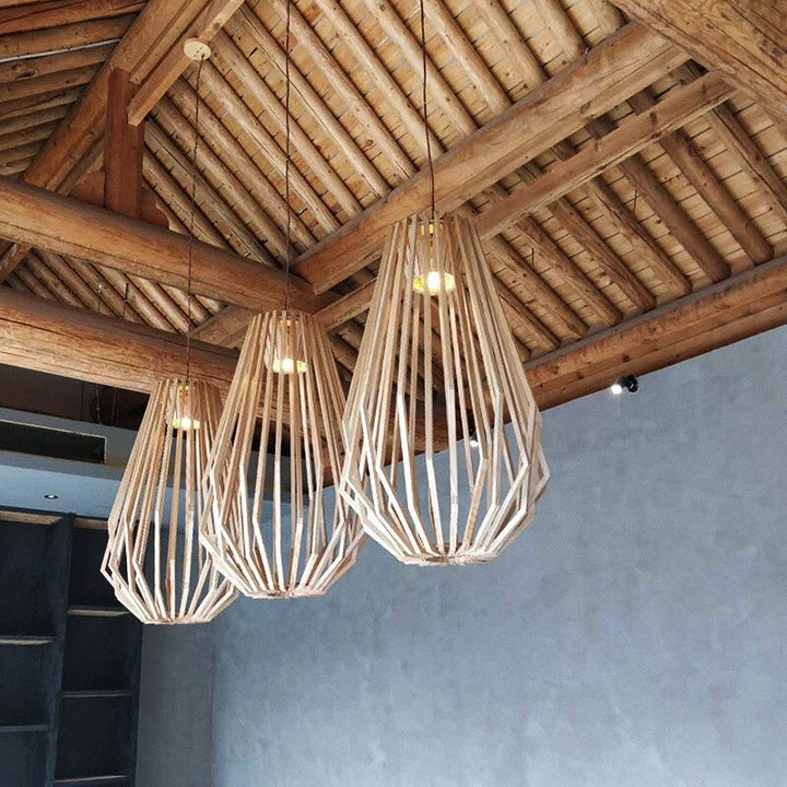 Solid Wood Pendant Light - Geometric Wooden Cage Light - Yana - Louve Lights