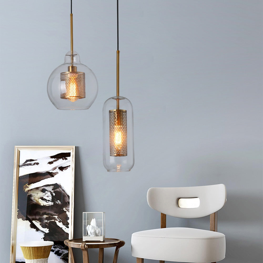 Modern Industrial Glass Pendant Light - Glass & Gold Pendant Light - Uro - Louve Lights