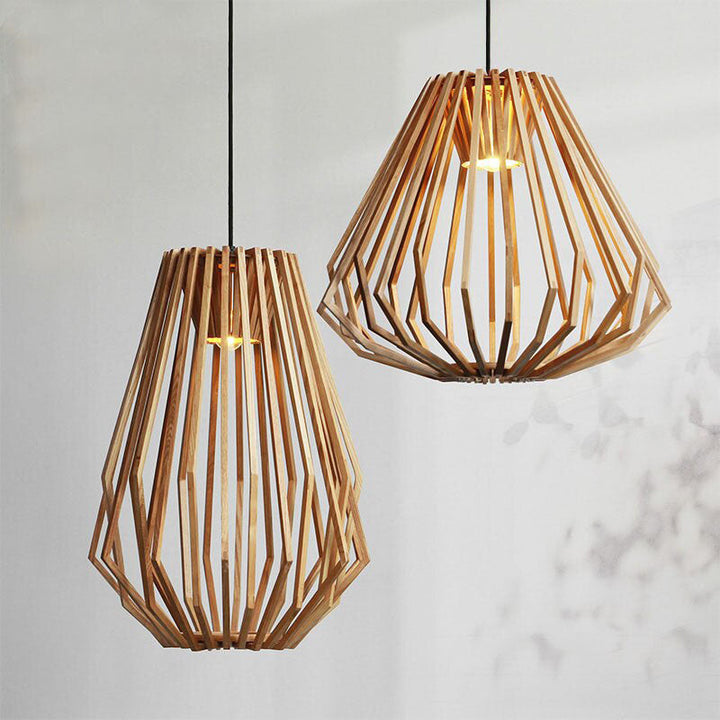 Solid Wood Pendant Light - Geometric Wooden Cage Light - Yana - Louve Lights