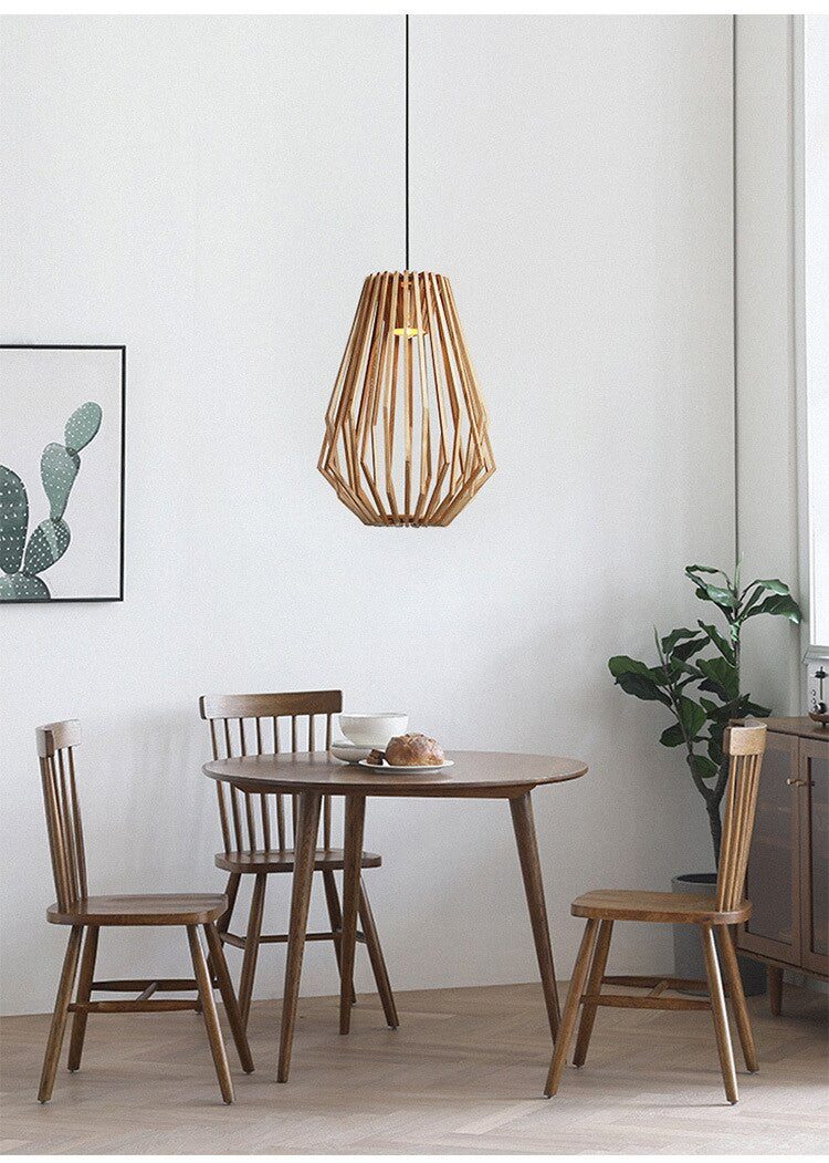 Solid Wood Pendant Light - Geometric Wooden Cage Light - Yana - Louve Lights