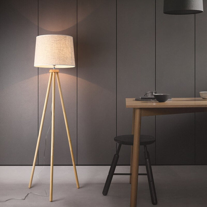 Tripod Wood Standing Lamp- Modern Fabric Floor Lamp- Nefeli