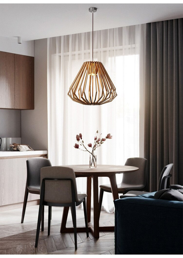 Solid Wood Pendant Light - Geometric Wooden Cage Light - Yana - Louve Lights