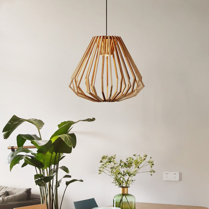 Solid Wood Pendant Light - Geometric Wooden Cage Light - Yana - Louve Lights