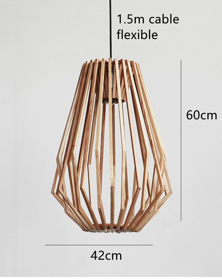 Solid Wood Pendant Light - Geometric Wooden Cage Light - Yana - Louve Lights