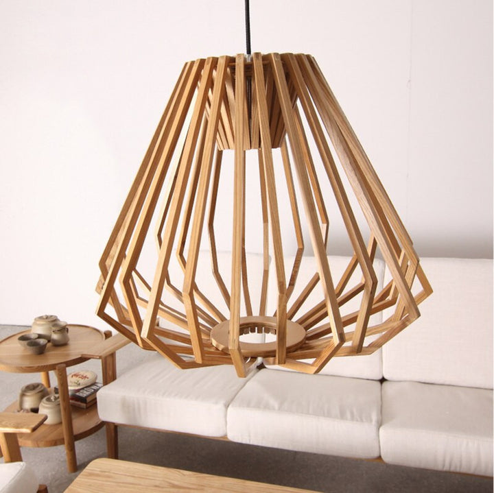 Solid Wood Pendant Light - Geometric Wooden Cage Light - Yana - Louve Lights